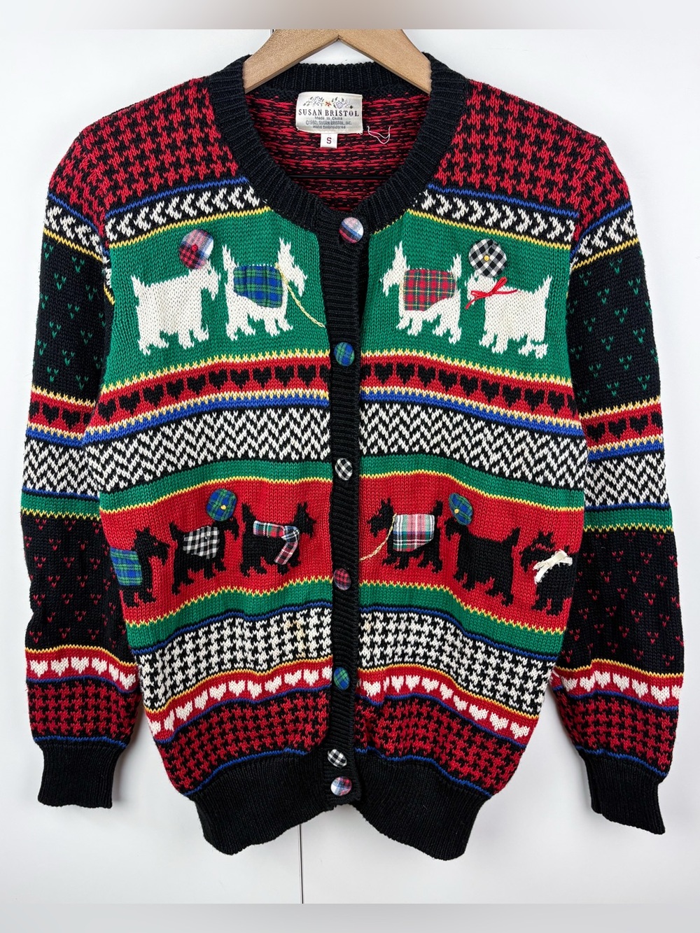 Vintage Scottie Dog Terrier Tartan Plaid Novelty Kitsch Holiday Cardigan Sweater